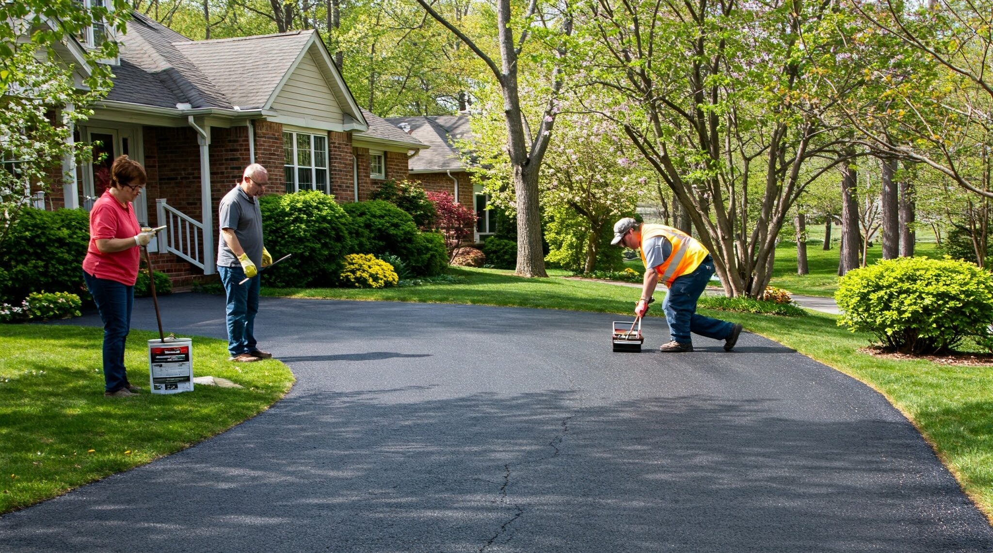 a couple inspecting the driveway paving at their house along with the contractor. spring asphalt driveway paving tips.