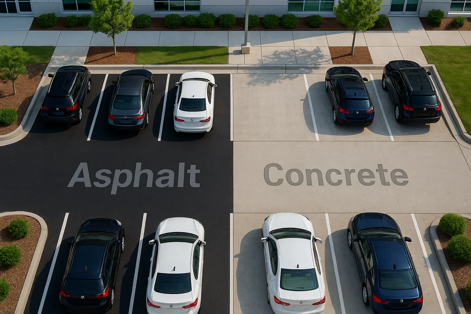 Comparison of asphalt vs concrete surfaces in a commercial parking lot