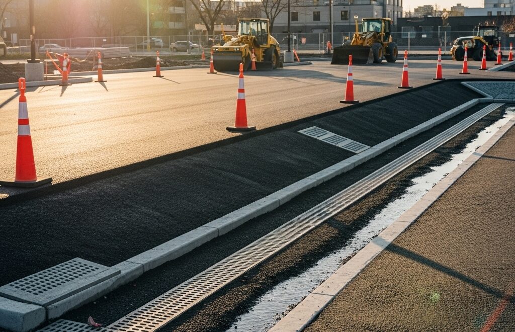 Asphalt paving with drainage slope and trench drain installation in Toronto commercial lot