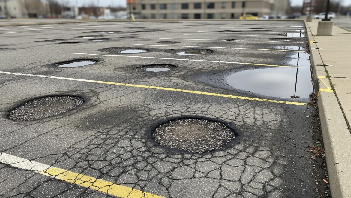 parking lot with visible potholes