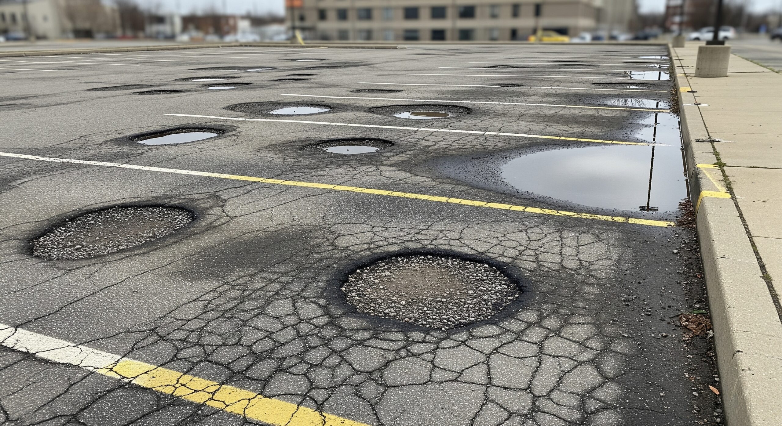 parking lot with visible potholes