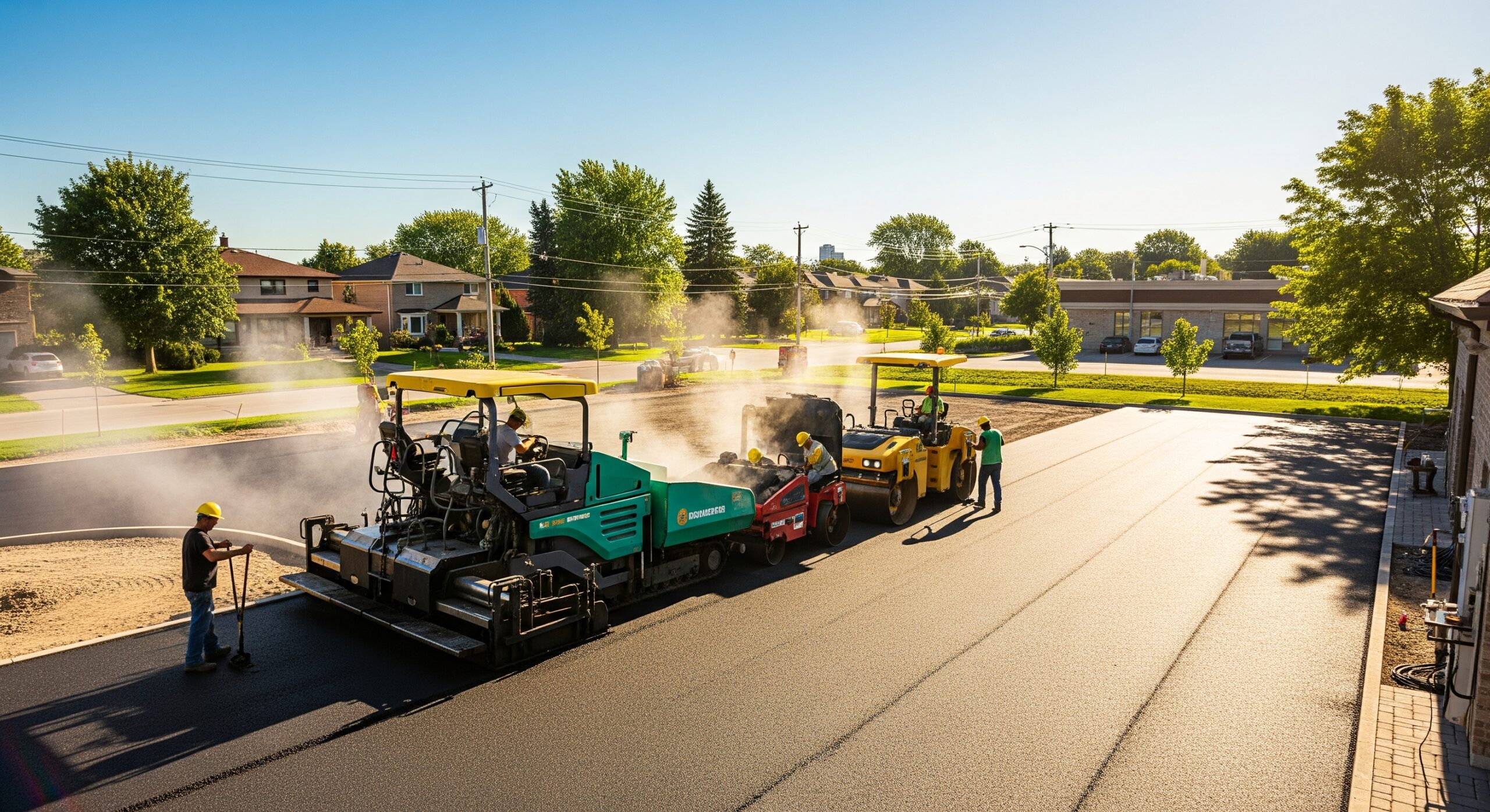 commercial lot being paved under a clear blue summer sky in Toronto