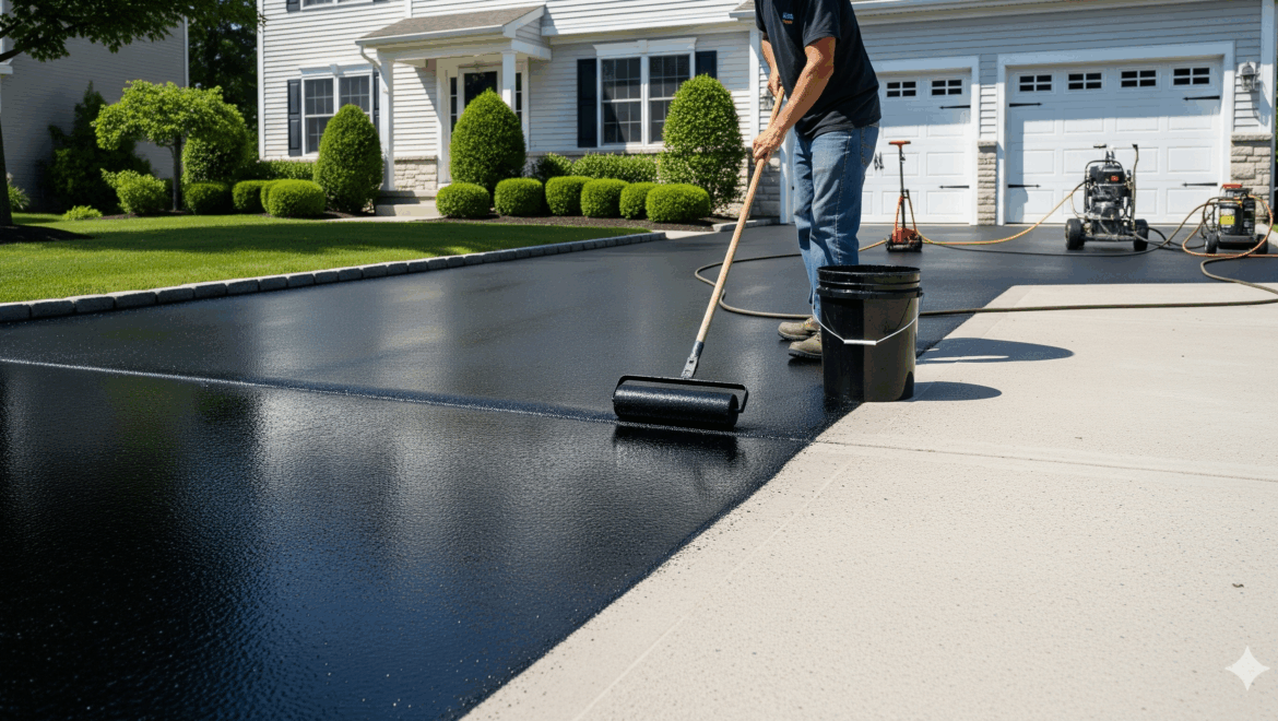 A professional driveway being freshly sealcoated with a roller and equipment, showing a smooth black surface with clear contrast between the sealed and unsealed areas.
